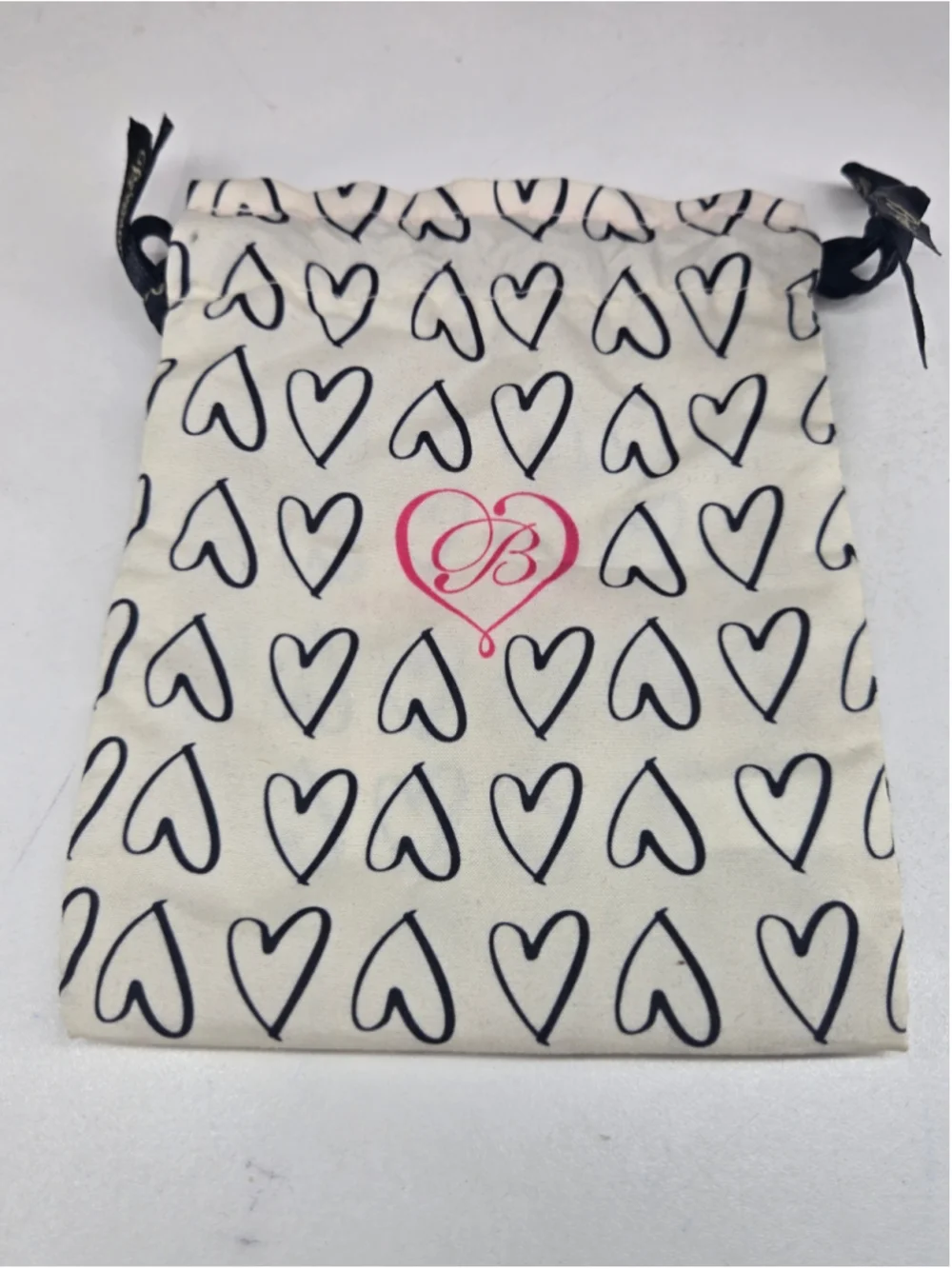 Brighton Jewelry Bag Black Heart White Drawstring Pouch Travel Dustbag